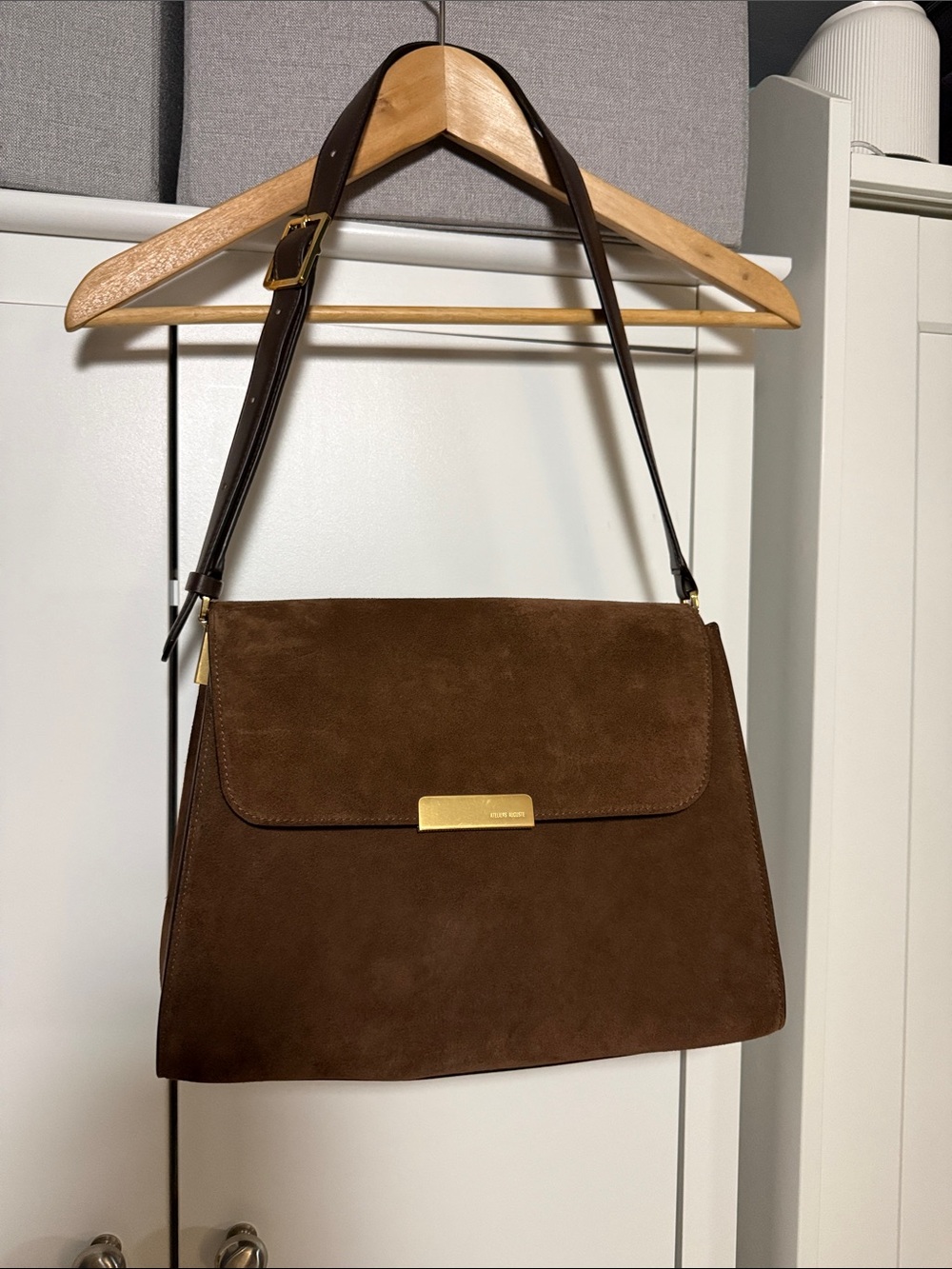 Brown Suede Messenger Bag with Gold Accent